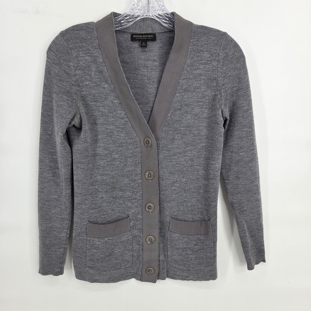 Banana Republic Cardigan S Gray 100% Merino Wool Grosgrain Trim Sweater